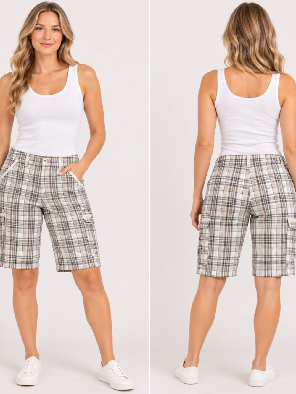 Gloria Vanderbilt Women’s Plaid Cargo Bermuda Shorts Beige Black Size 8